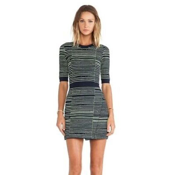 A.L.C. Culver Sweater Knit Dress Navy Acid Green Striped Mini Sz M Retail $560 - Picture 1 of 8